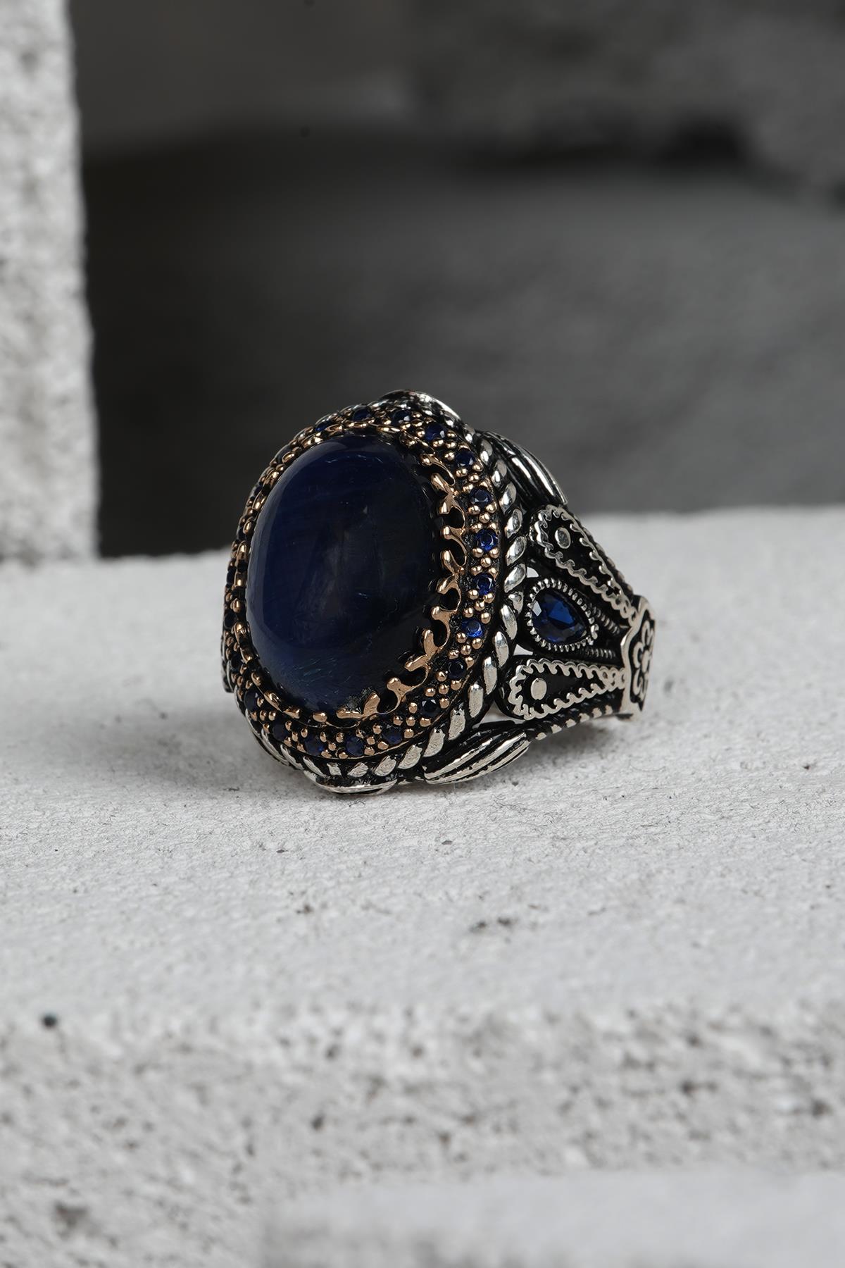 FRNCH 925 Ayar Gümüş Zirkon Taşlı Lacivert Renkli Erkek Yüzük FRJ60093-193-L4