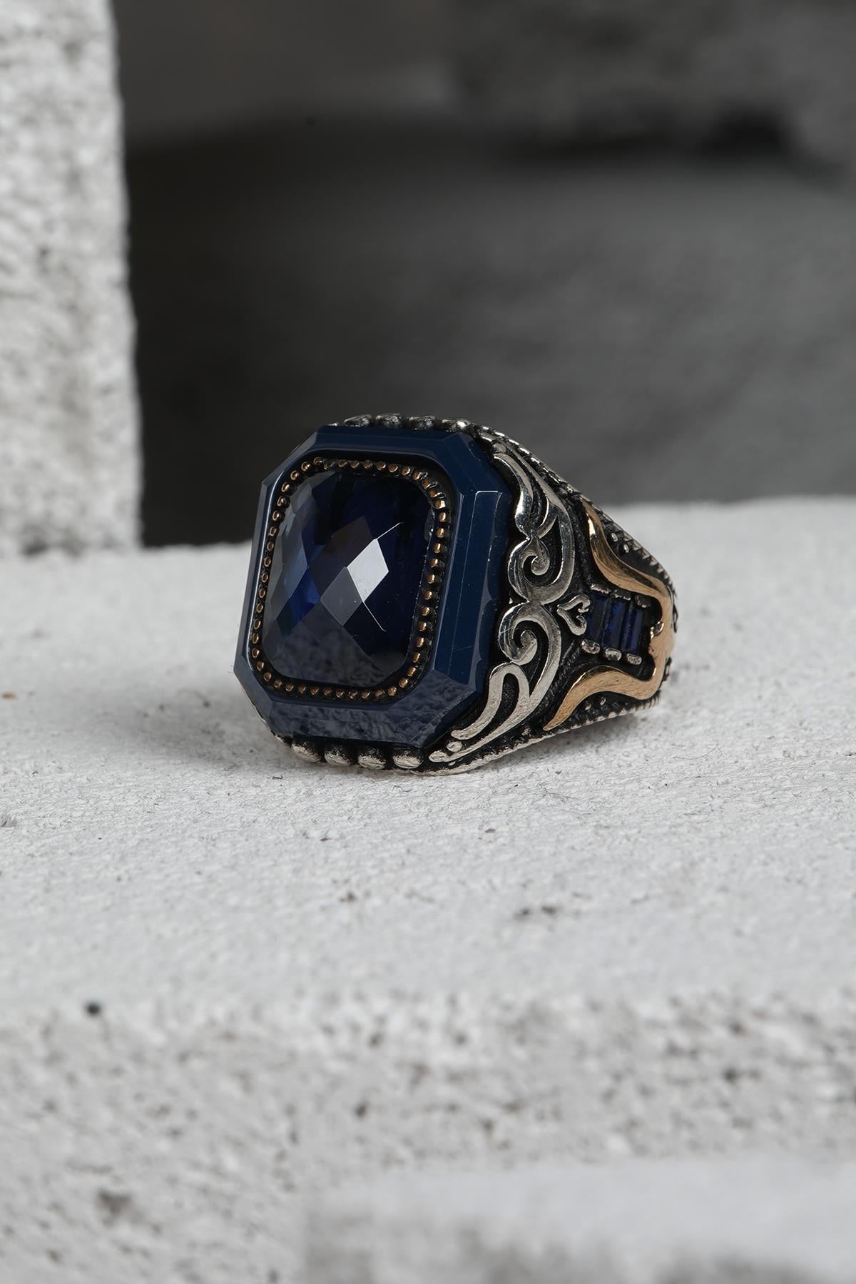 FRNCH 925 Ayar Gümüş Zirkon Taşlı Lacivert Renkli Erkek Yüzük FRJ60093-193-L5