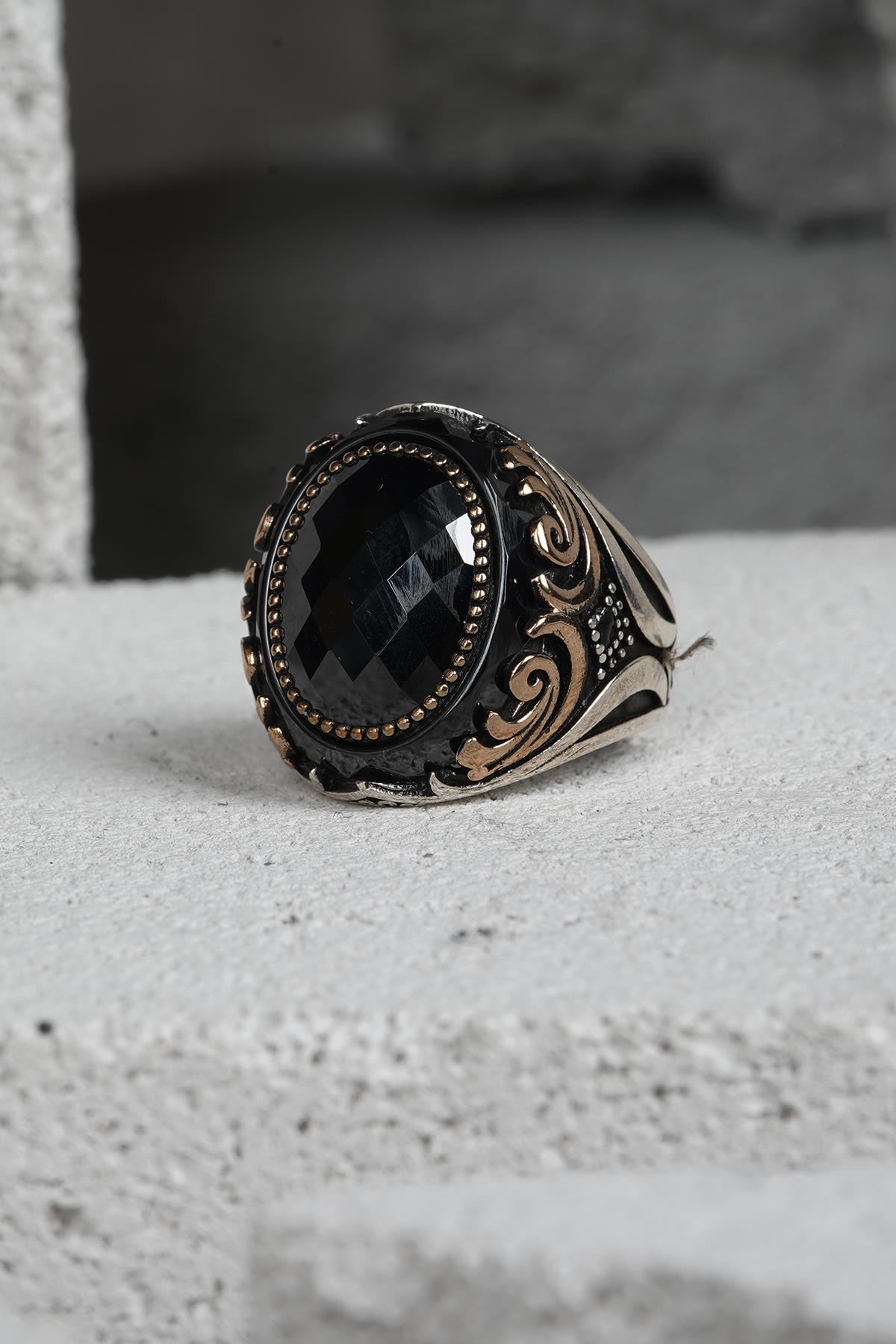 FRNCH 925 Ayar Gümüş Zirkon Taşlı Siyah-Altın Renkli Erkek Yüzük FRJ60093-193-AG21