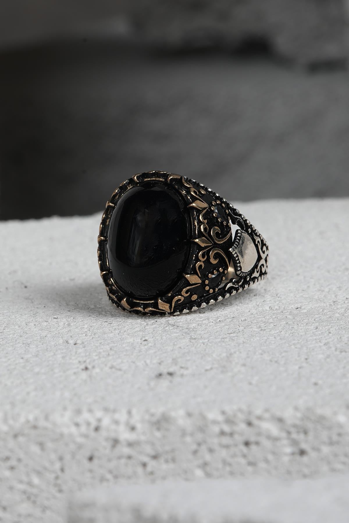 FRNCH 925 Ayar Gümüş Zirkon Taşlı Siyah-Altın Renkli Erkek Yüzük FRJ60093-193-AG22