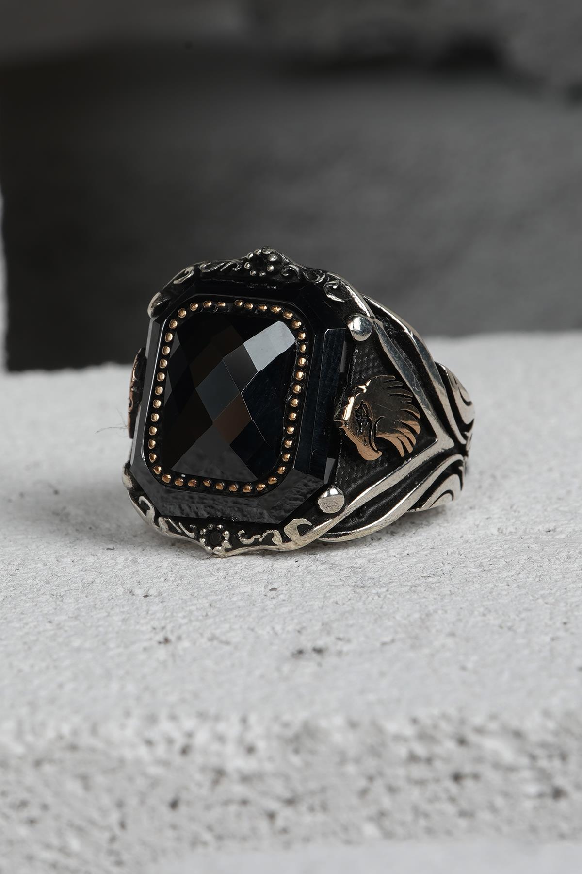 FRNCH 925 Ayar Gümüş Zirkon Taşlı Siyah-Altın Renkli Erkek Yüzük FRJ60093-193-AG25