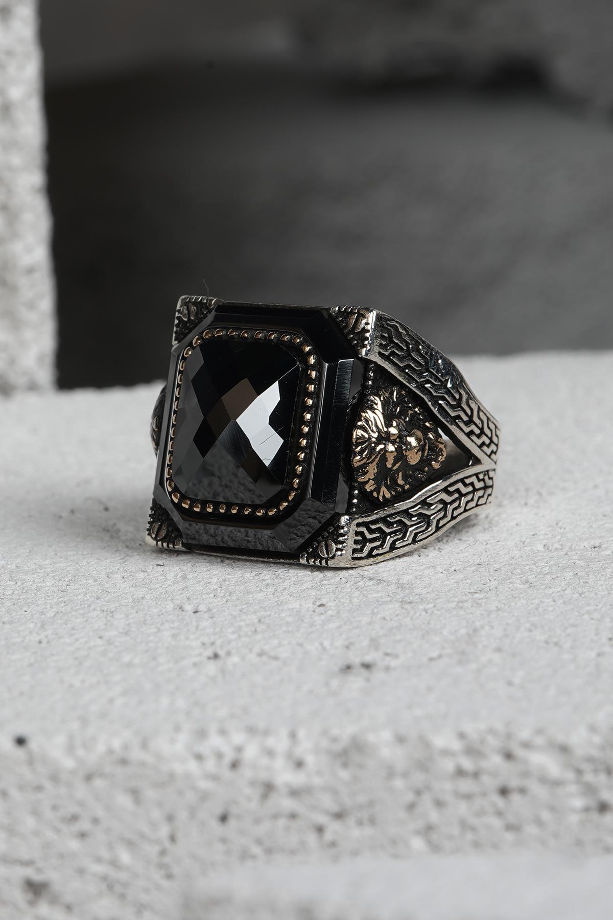 FRNCH 925 Ayar Gümüş Zirkon Taşlı Siyah-Altın Renkli Erkek Yüzük FRJ60093-193-AG28