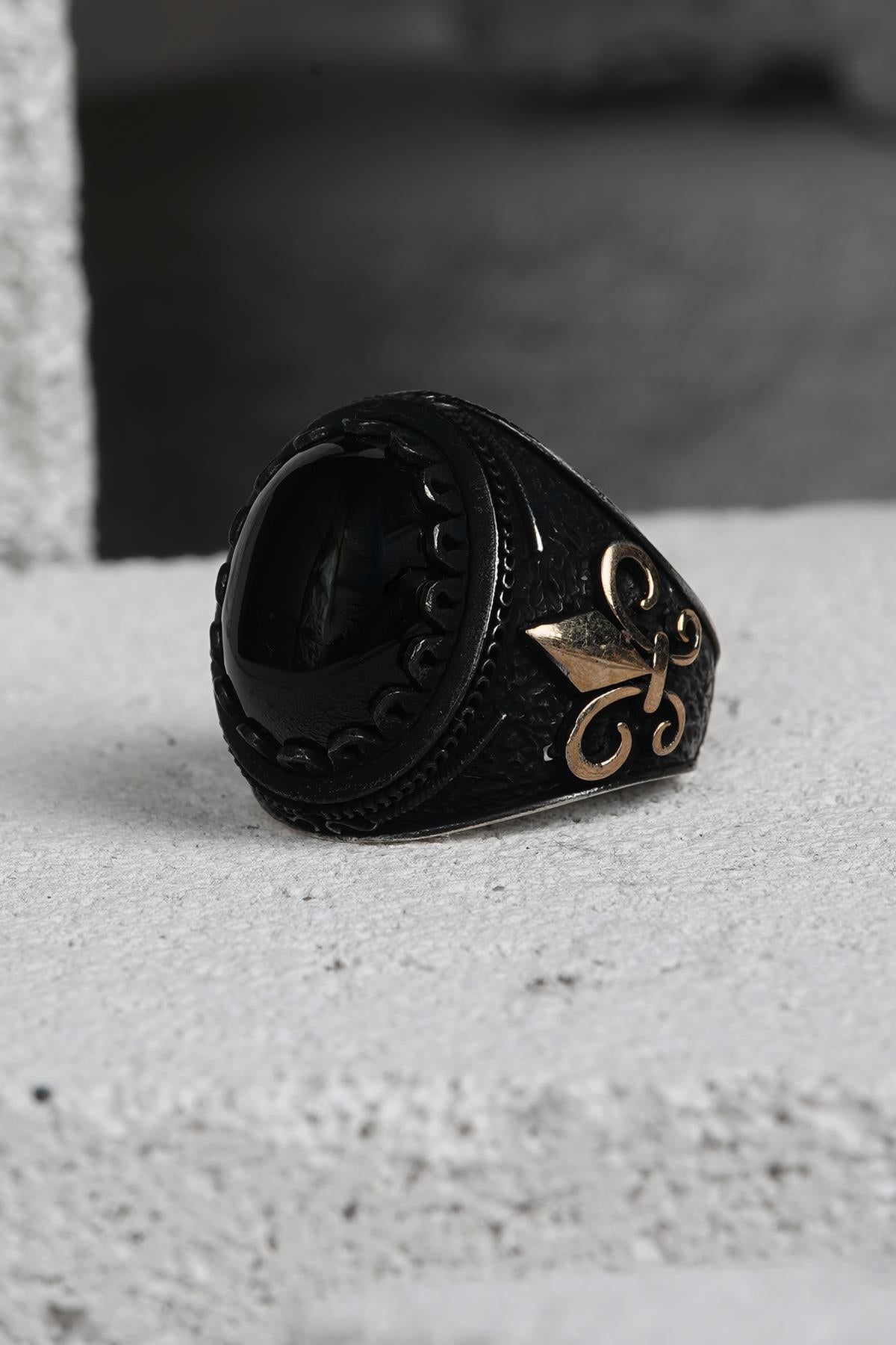 FRNCH 925 Ayar Gümüş Zirkon Taşlı Siyah-Altın Renkli Erkek Yüzük FRJ60093-193-AG31