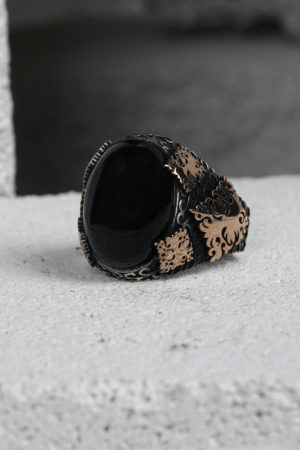 FRNCH 925 Ayar Gümüş Zirkon Taşlı Siyah-Altın Renkli Erkek Yüzük FRJ60093-193-AG32