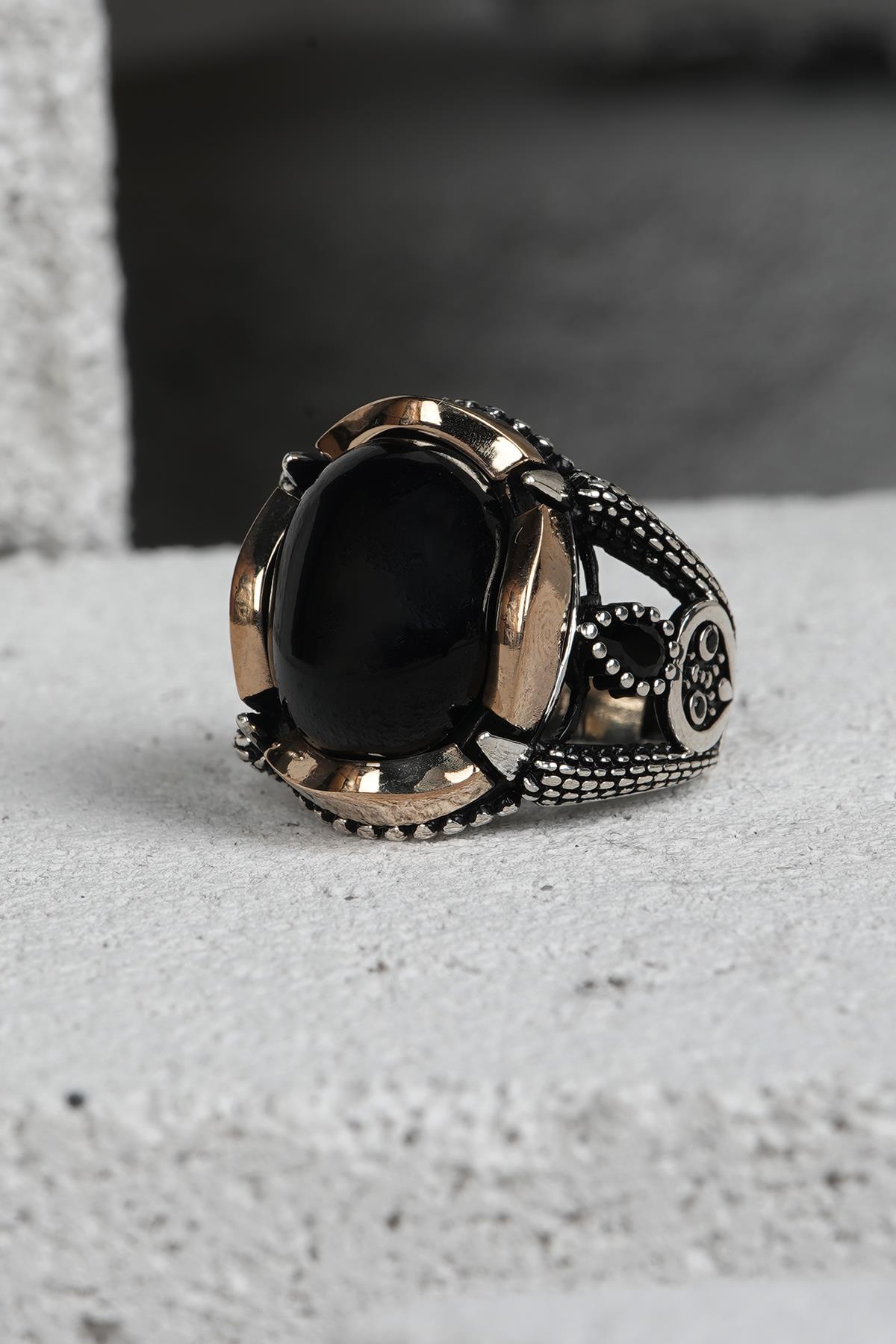 FRNCH 925 Ayar Gümüş Zirkon Taşlı Siyah-Altın Renkli Erkek Yüzük FRJ60093-193-AG33