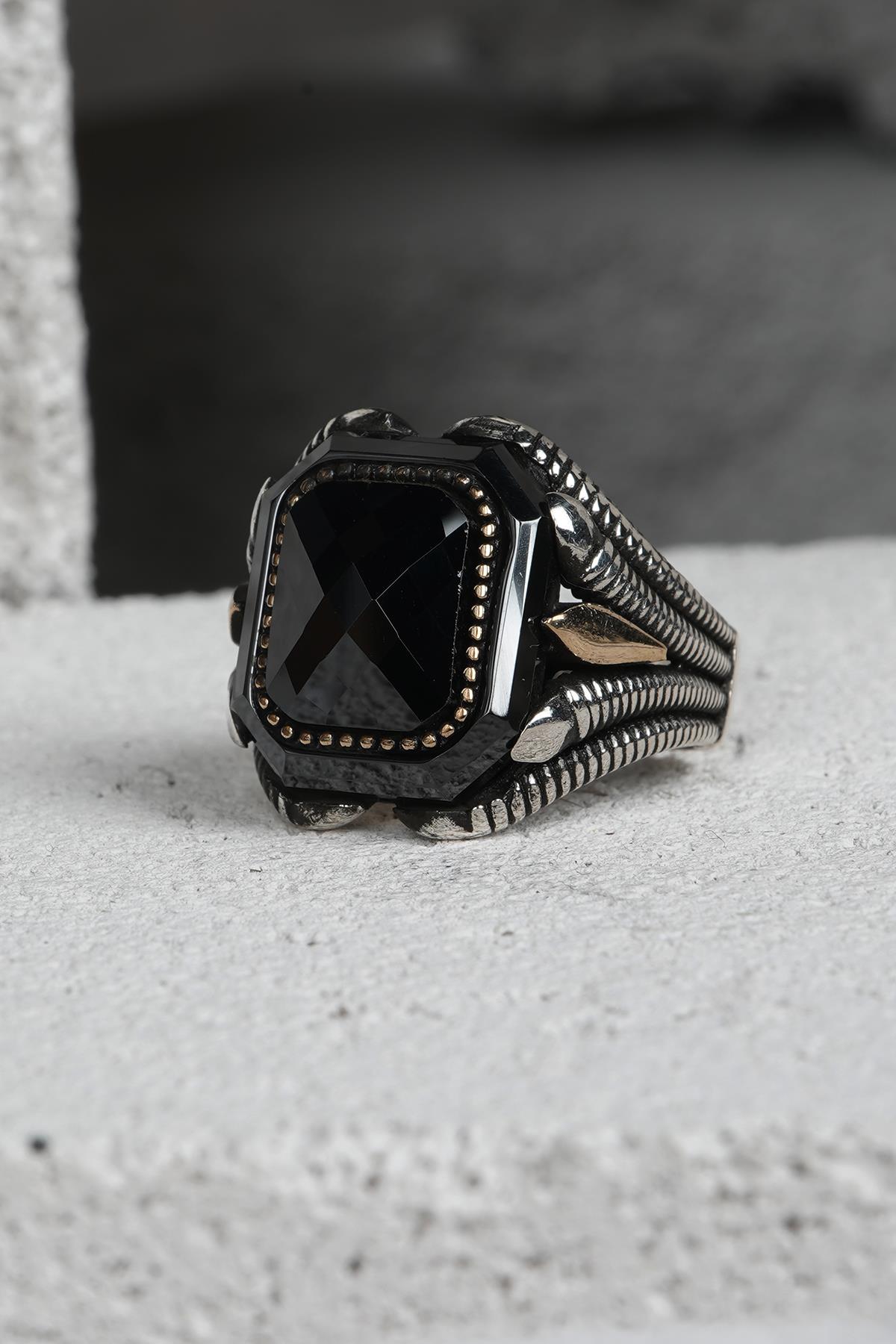 FRNCH 925 Ayar Gümüş Zirkon Taşlı Siyah-Altın Renkli Erkek Yüzük FRJ60093-193-AG36