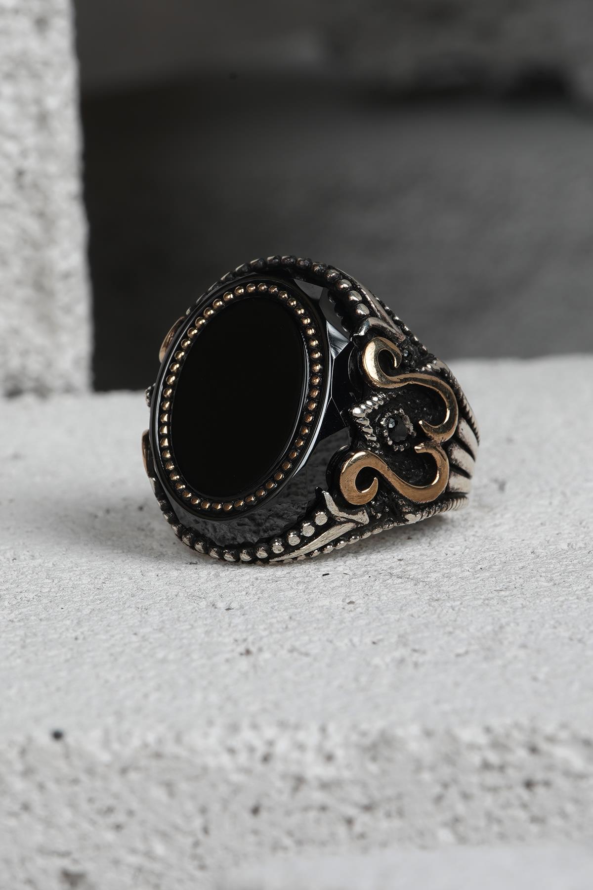 FRNCH 925 Ayar Gümüş Zirkon Taşlı Siyah-Altın Renkli Erkek Yüzük FRJ60093-193-AG39