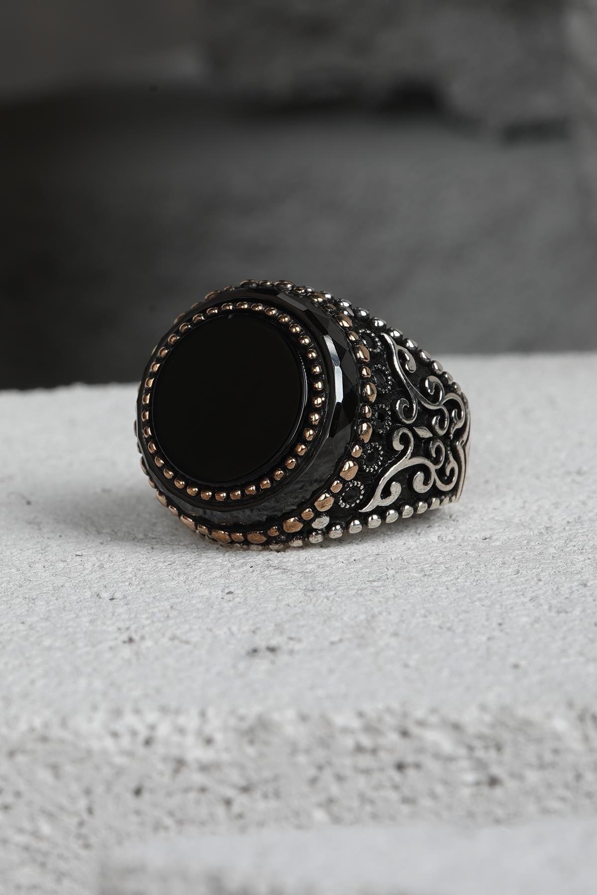 FRNCH 925 Ayar Gümüş Zirkon Taşlı Siyah-Altın Renkli Erkek Yüzük FRJ60093-193-AG42