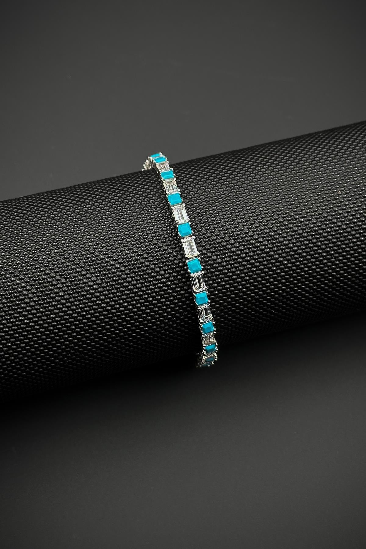 FRNCH 925 Ayar Gümüş Zirkon Taşlı Turkuaz-Beyaz Renk Tennis Erkek Bileklik FRJ12157-3157-MA2