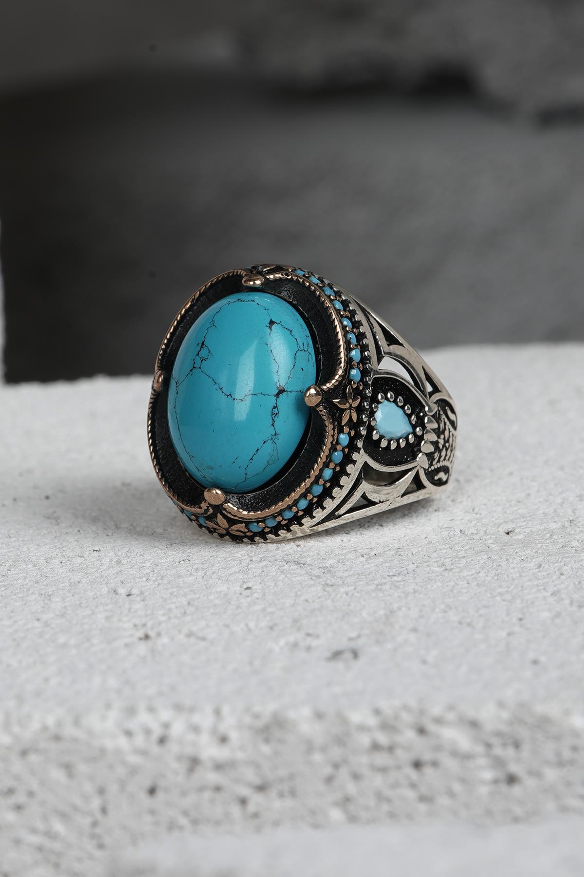 FRNCH 925 Ayar Gümüş Zirkon Taşlı Turkuaz Renkli Erkek Yüzük FRJ60093-193-M2