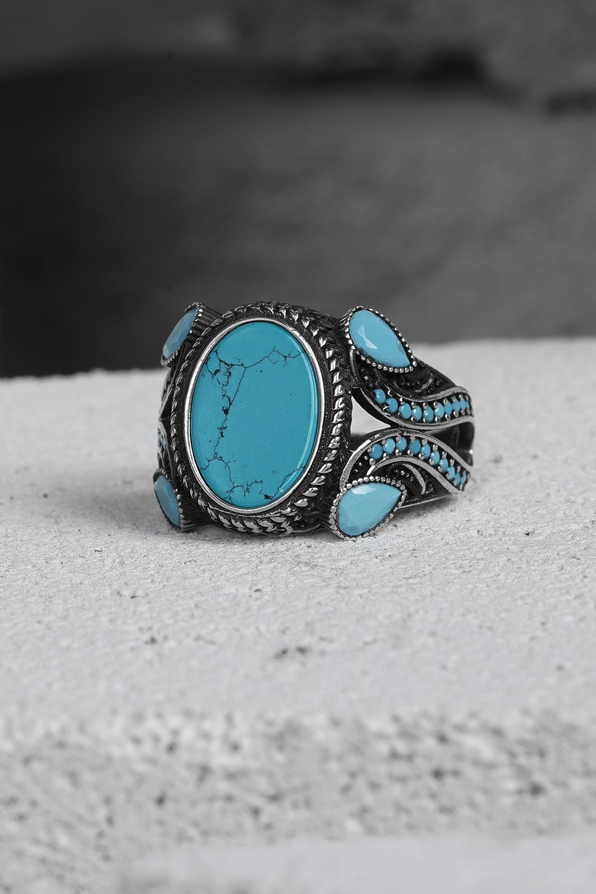 FRNCH 925 Ayar Gümüş Zirkon Taşlı Turkuaz Renkli Erkek Yüzük FRJ60093-193-M3