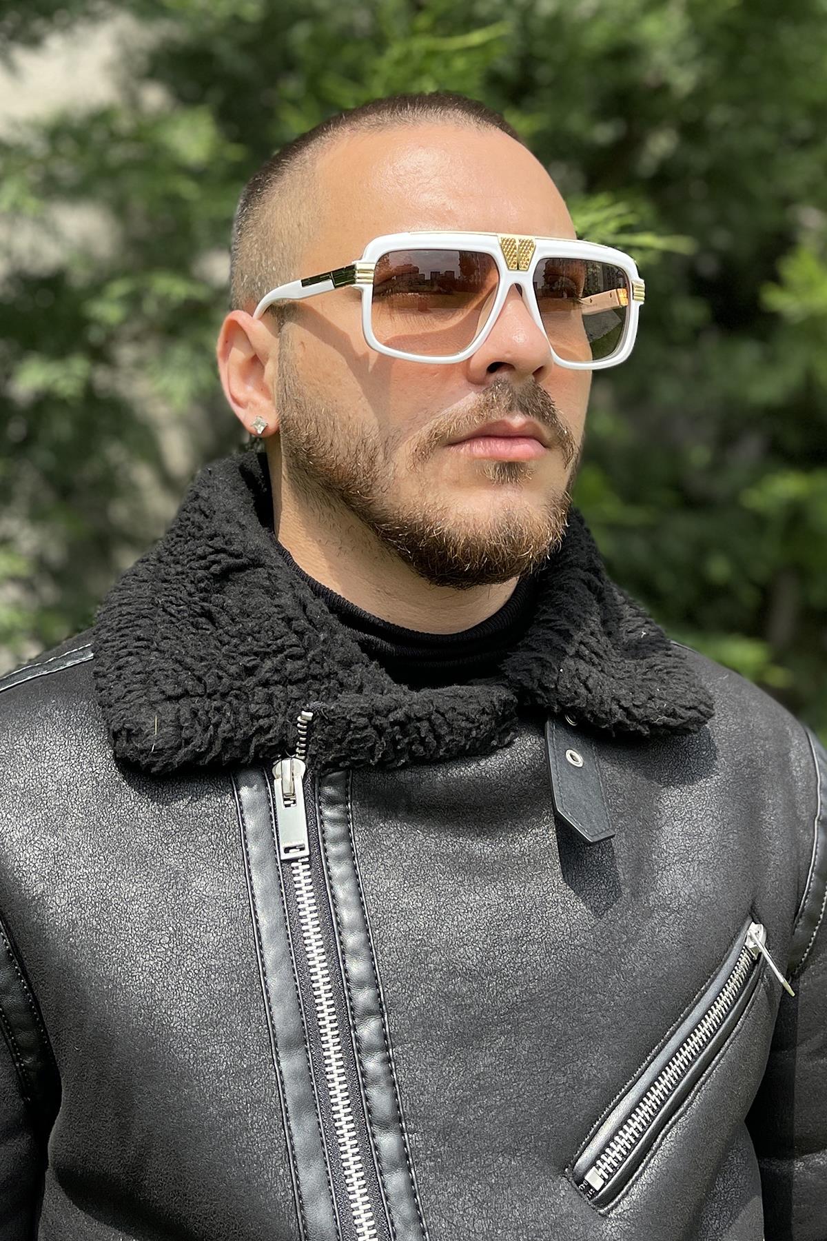 FRNCH Beyaz Çerçeve Kahverengi Cam Dikdörtgen Erkek Güneş Gözlüğü FRG1045-145-BK