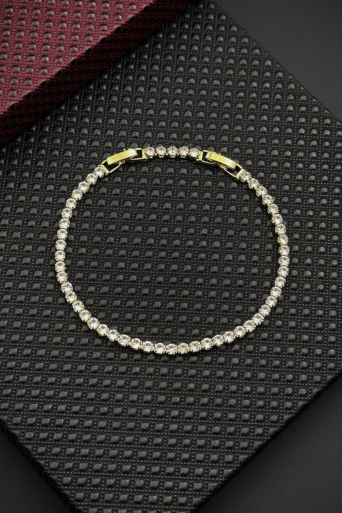 FRNCH Beyaz Zirkon Taşlı Altın Renk Tennis Erkek Bileklik FRJ12675-3675-G