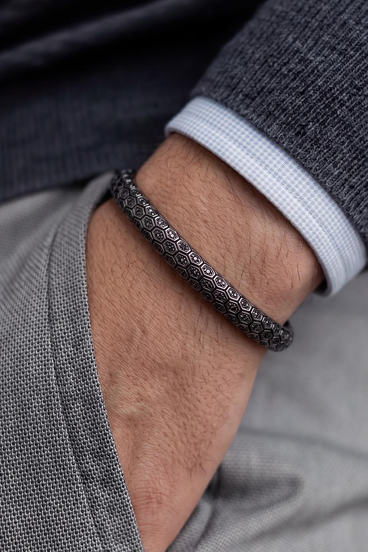 FRNCH Bronz Madenli Siyah Zirkon Taşlı Siyah Renk Erkek Bileklik FRJ12935-3935-S