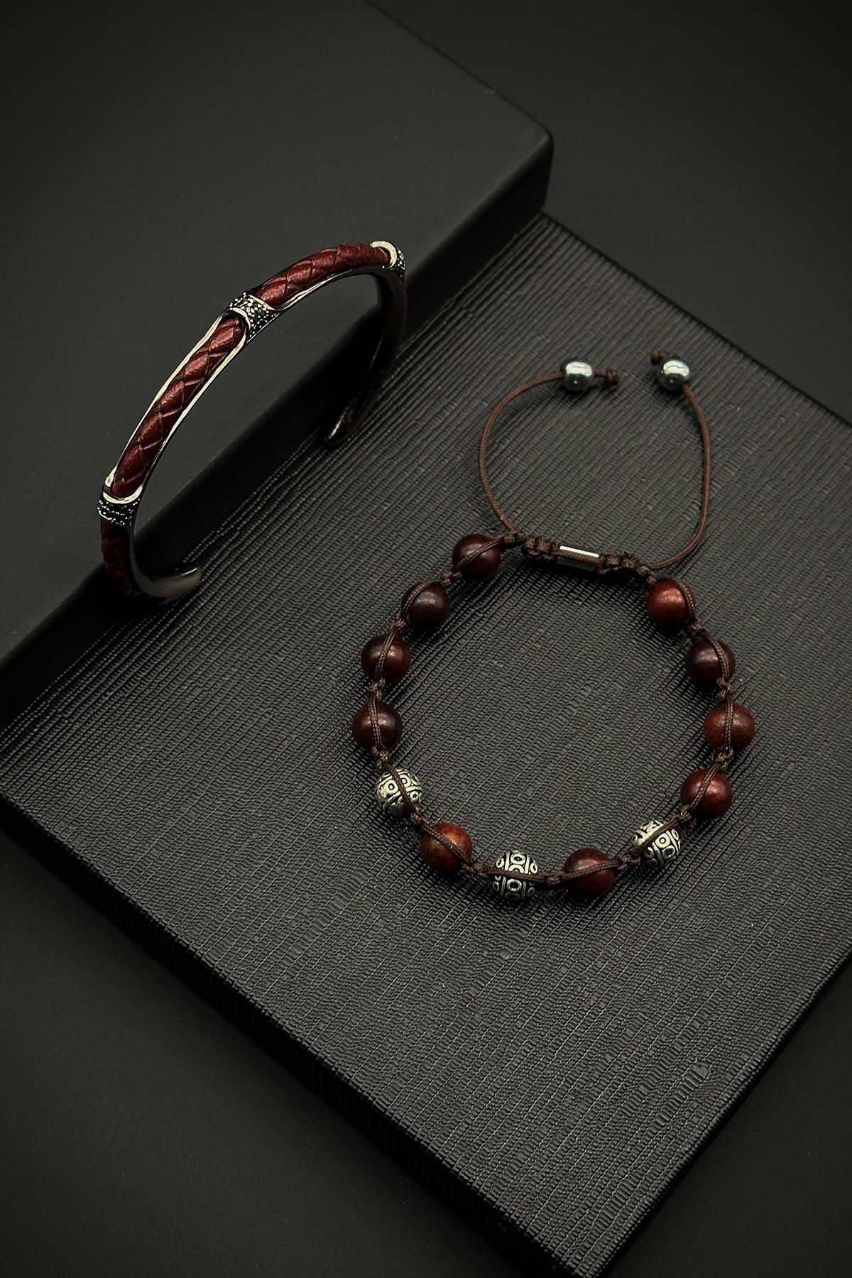 FRNCH Bronz ve Doğal Taşlı Bordo Renk Erkek Bileklik Set FRJ40177-277-B