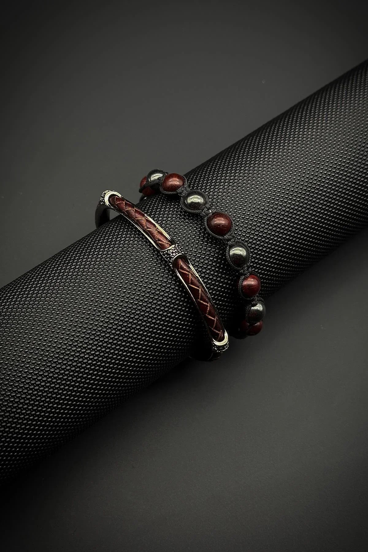 FRNCH Bronz ve Doğal Taşlı Bordo Renk Erkek Bileklik Set FRJ40183-283-B