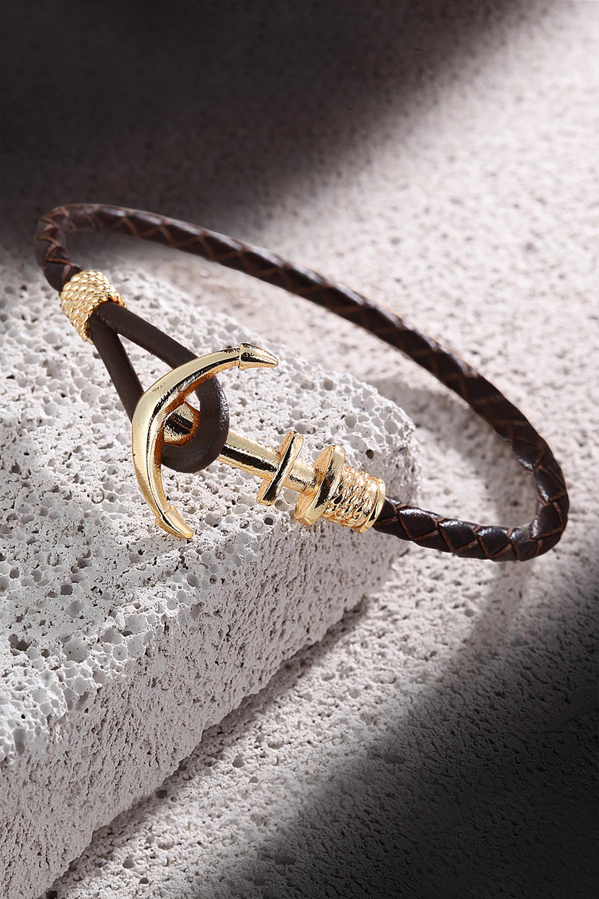 FRNCH Çapa Figürlü Gerçek Deri Handmade Erkek Bileklik FRJ11160-1260-RG