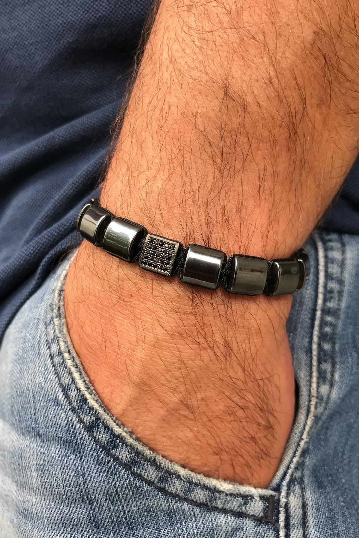 FRNCH Füme Renk Zirkon Taş Figürlü Doğal Taşlı Ayarlanabilir Erkek Handmade Bileklik FRJ11240-1340-B