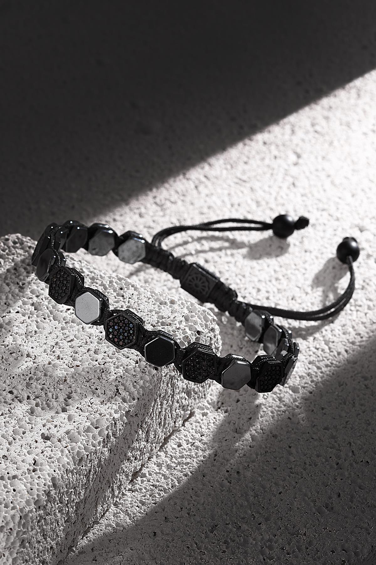 FRNCH Hematit Zirkon Taşlı Ayarlanabilir Erkek Handmade Bileklik FRJ11209-1309-B