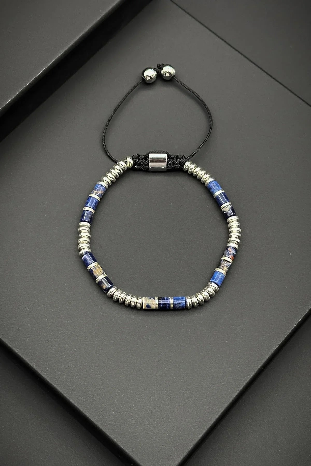 FRNCH Lapis Lazuli ve Hematit Doğal Taşlı Lacivert Renk Ayarlanabilir Erkek Bileklik FRJ11941-2041-L