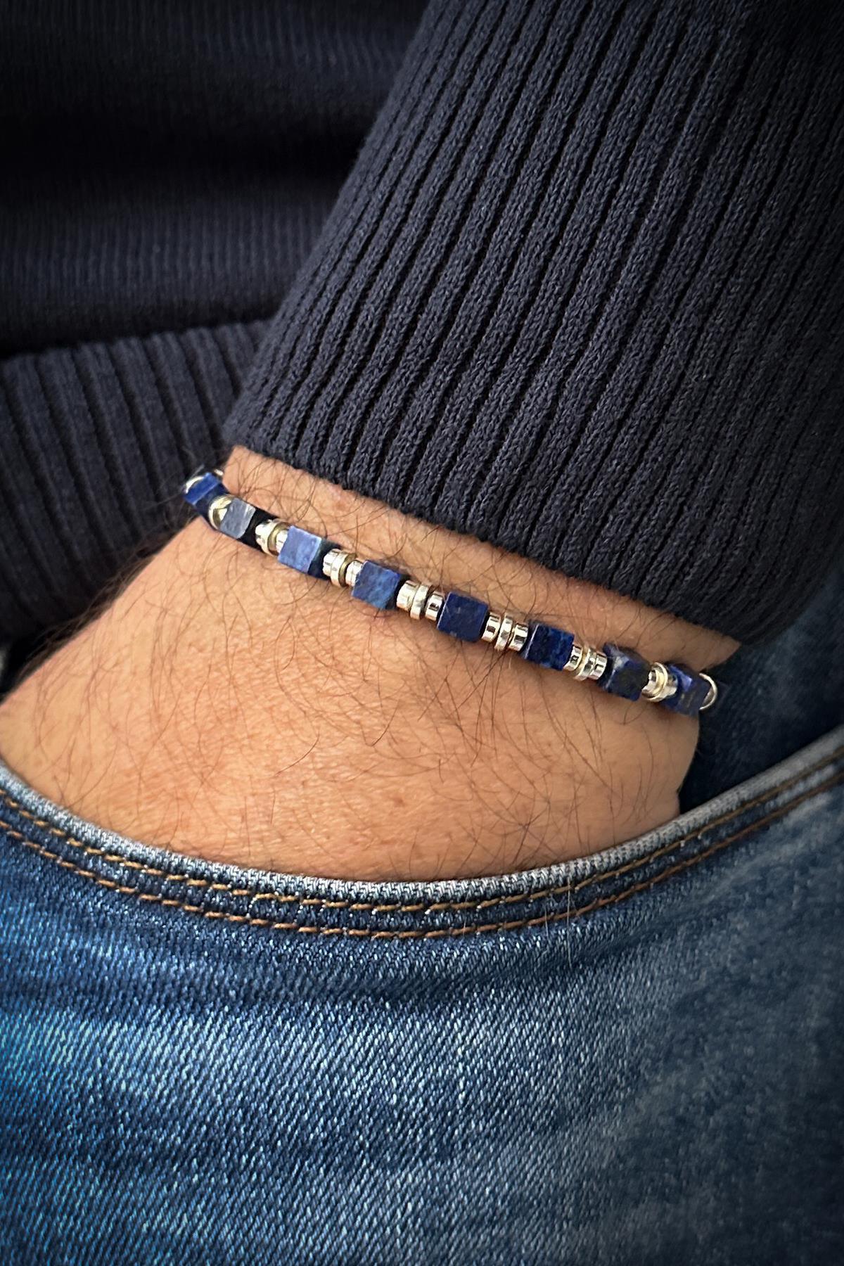 FRNCH Lapis Lazuli ve Hematit Doğal Taşlı Lacivert Renk Erkek Bileklik FRJ12086-3086-L