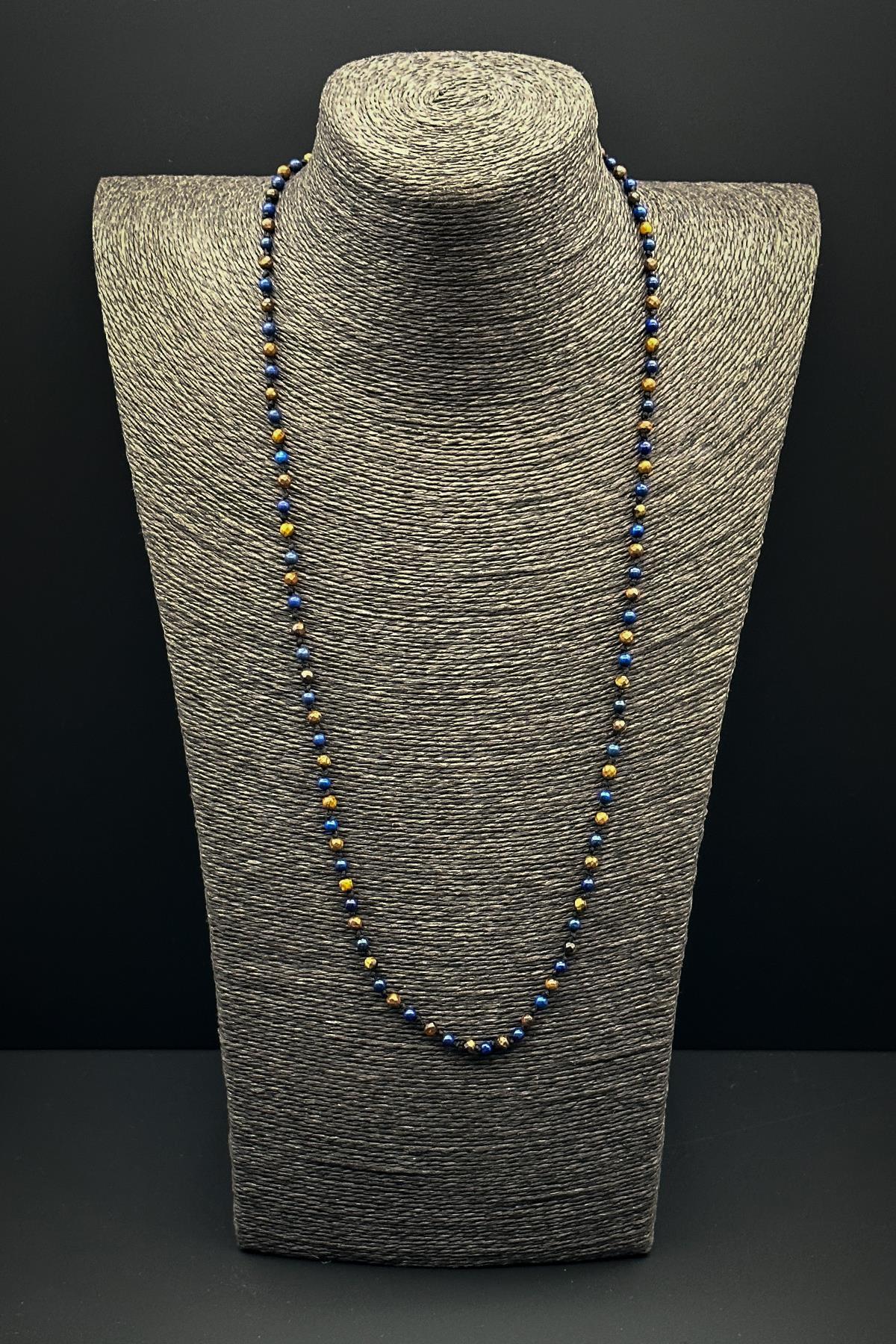 FRNCH Lapis Lazuli ve Kaplan Gözü Doğal Taşlı Lacivert Renkli Erkek Kolye FRJ30654-754-L2