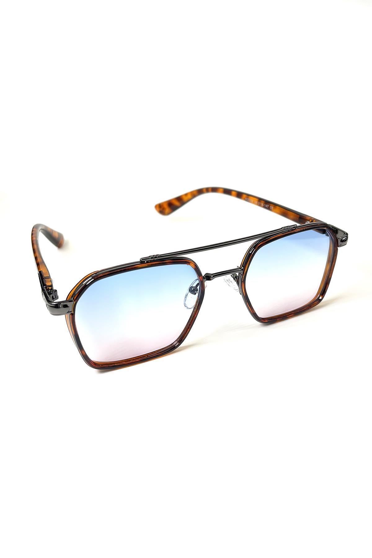 FRNCH Leopar Desen Çerçeve Mavi Cam Dikdörtgen Erkek Güneş Gözlüğü FRG1022-122-KM