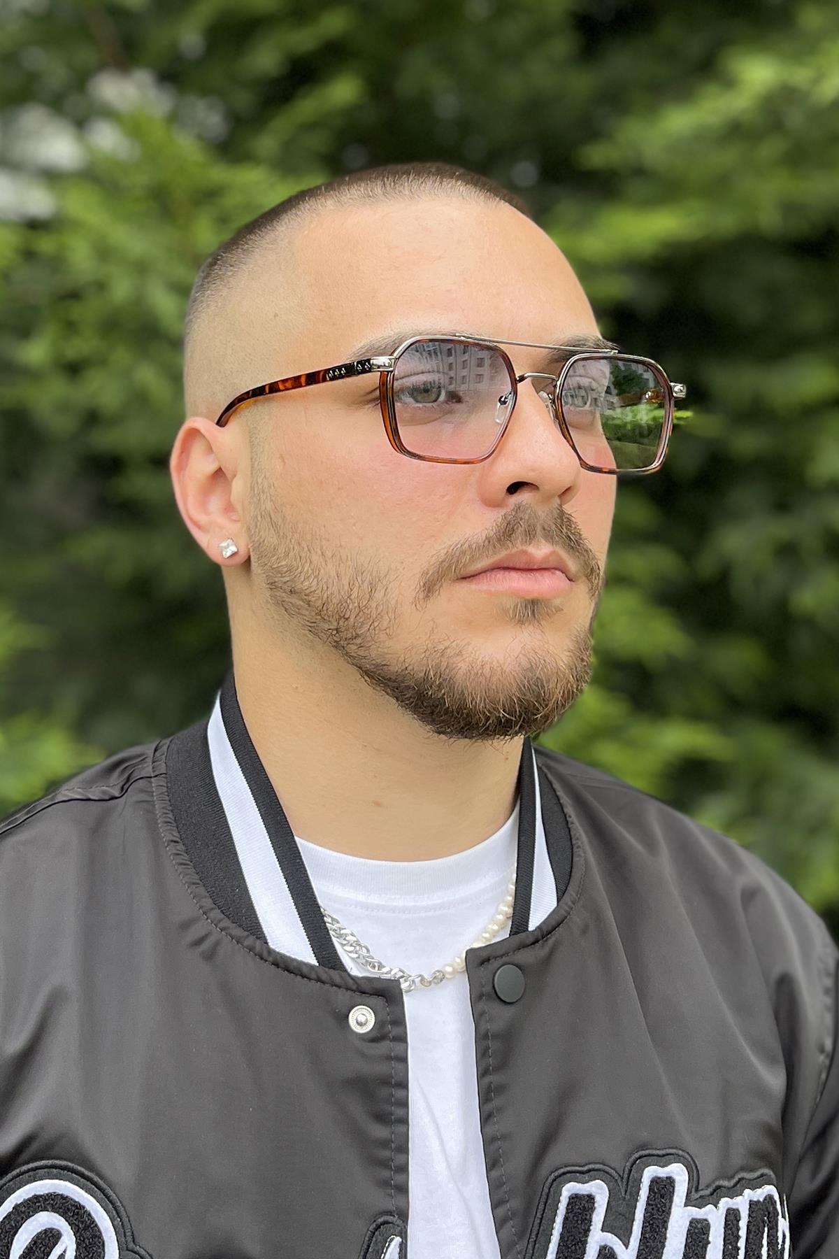 FRNCH Leopar Desen Çerçeve Mavi Cam Dikdörtgen Erkek Güneş Gözlüğü FRG1022-122-KM