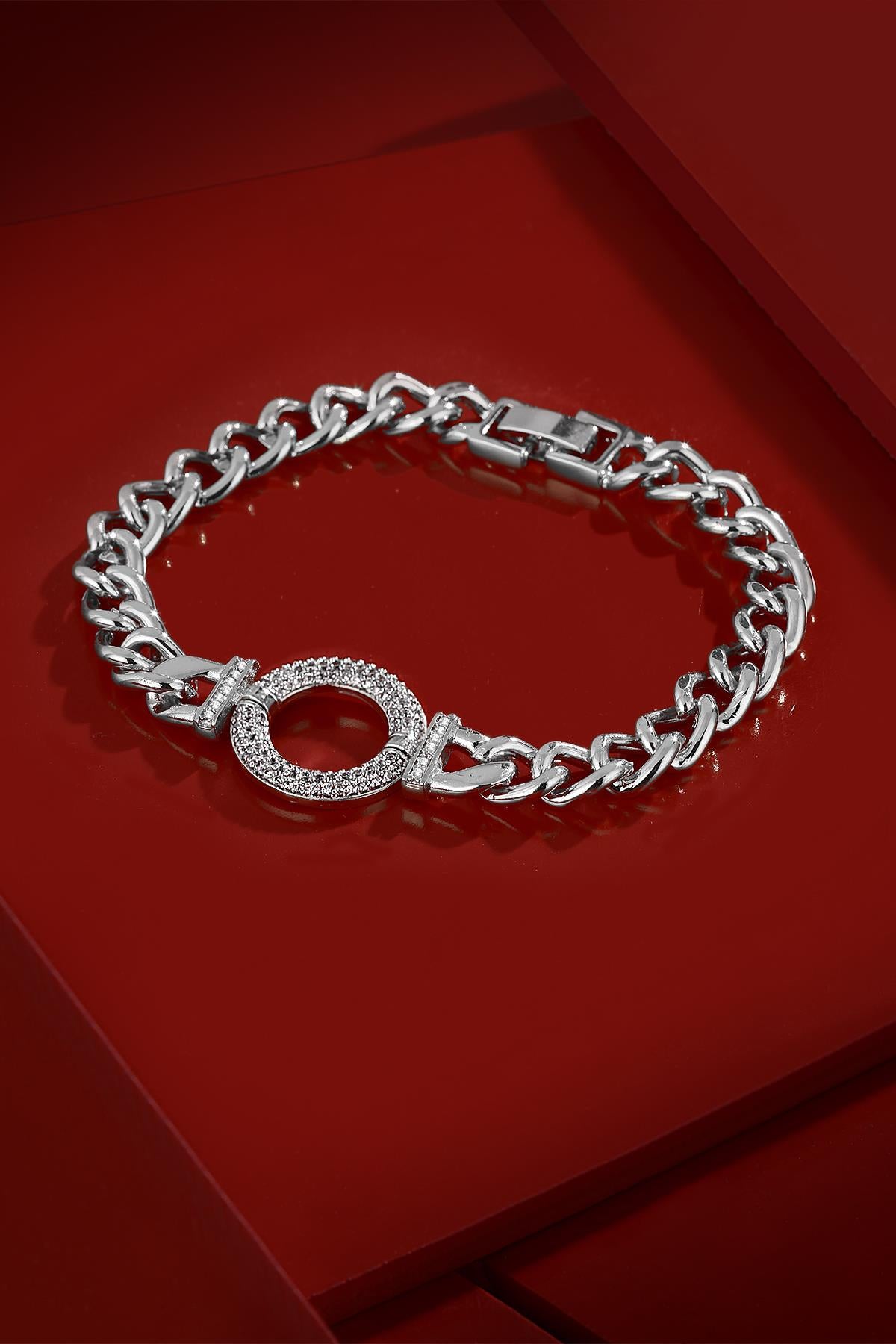 FRNCH Parlak Beyaz Zirkon Taşlı Gümüş Renk Kadın Bileklik FRJ11182-1282-A