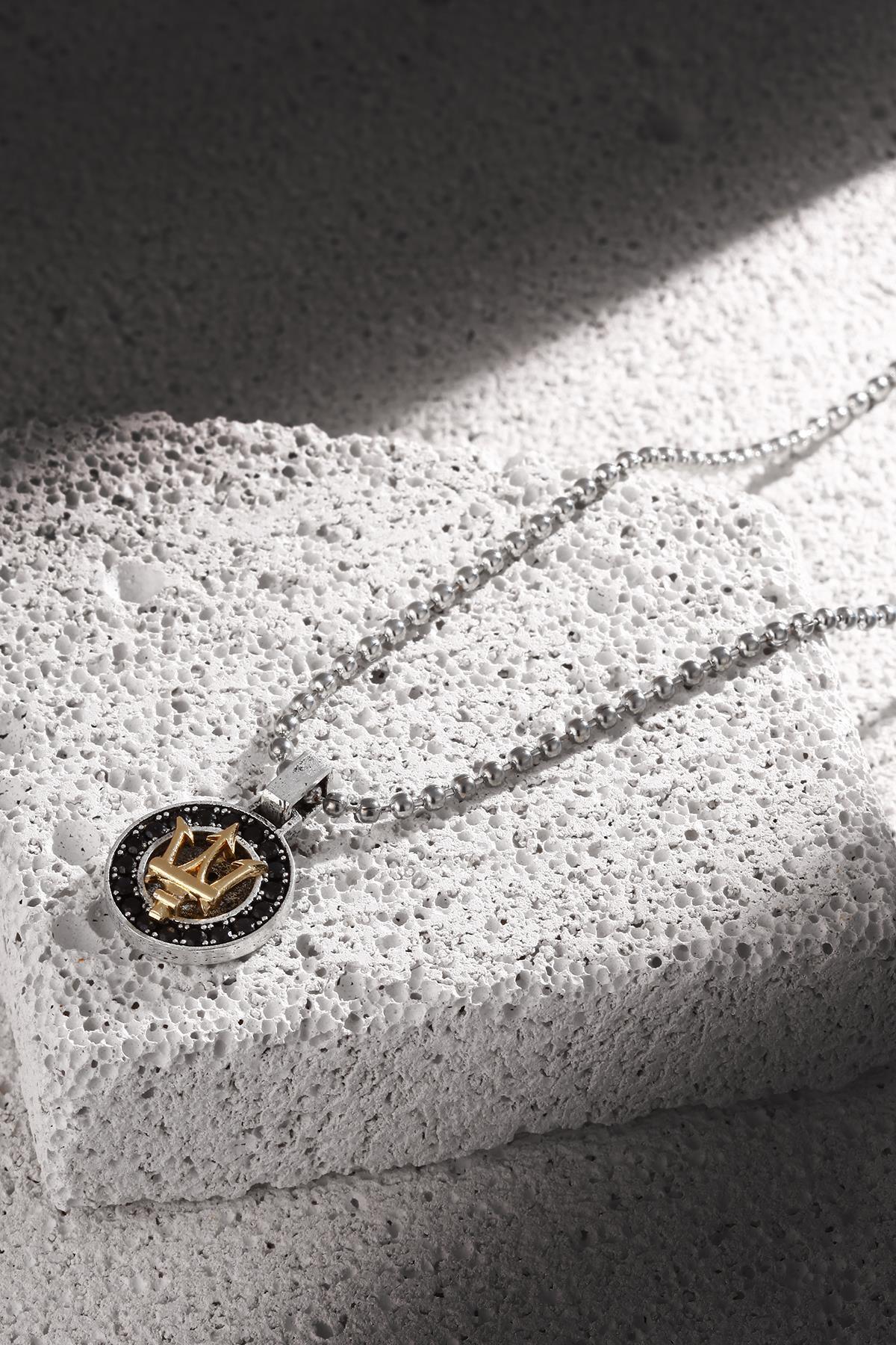 FRNCH Poseidon Figürlü Zirkon Taşlı Antik Gümüş-Gold Renk Erkek-Kolye FRJ30428-528-A2G