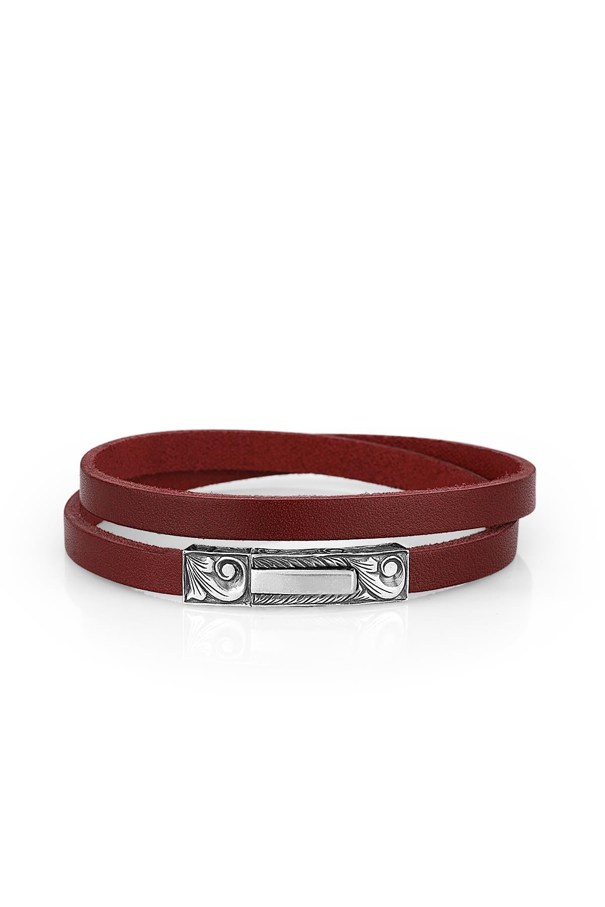 FRNCH Silver Cord Leather Bordo 925 Ayar Gümüş Bileklik