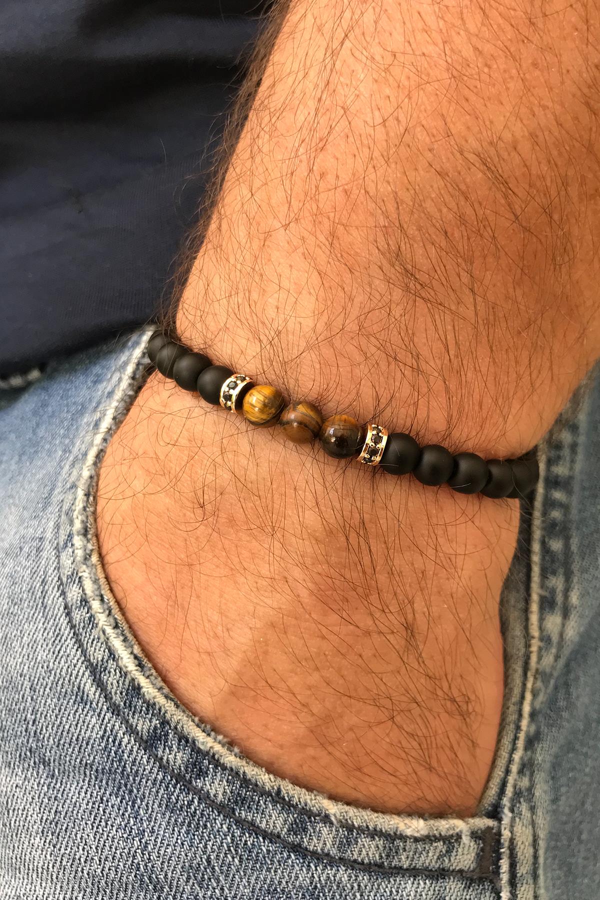 FRNCH Sıralı Doğal Taşlı Çift Renkli Ayarlanabilir Handmade Erkek Bileklik FRJ11235-1335-G