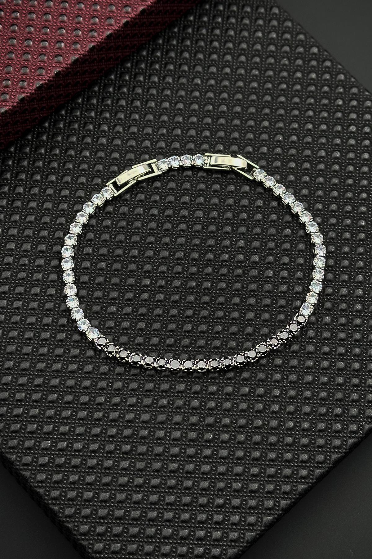 FRNCH Siyah-Beyaz Zirkon Taşlı Gümüş Renk Tennis Erkek Bileklik FRJ12675-3675-AB2