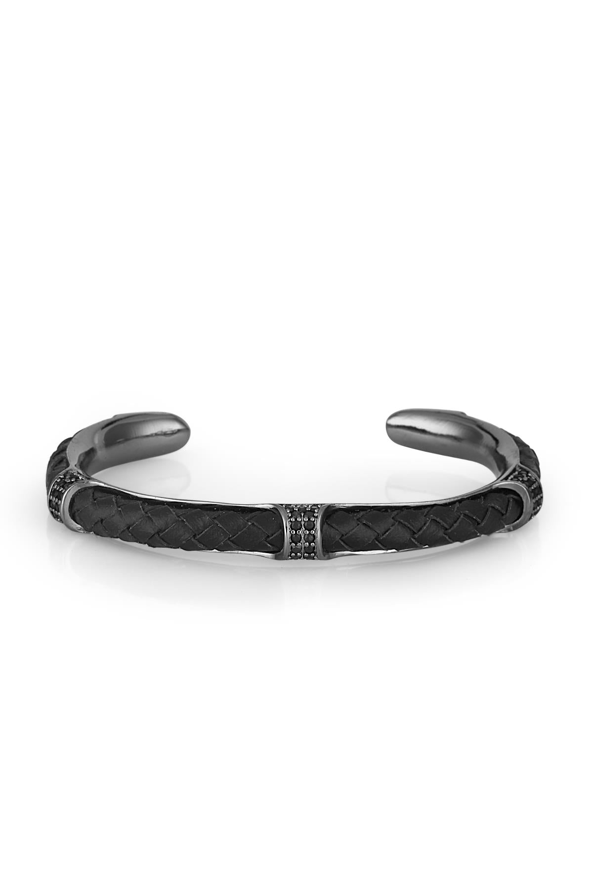 FRNCH Zirkon Taşlı Gerçek Deri Detaylı Handmade Kelepçe Erkek Bileklik FRJ11177-1277-BB