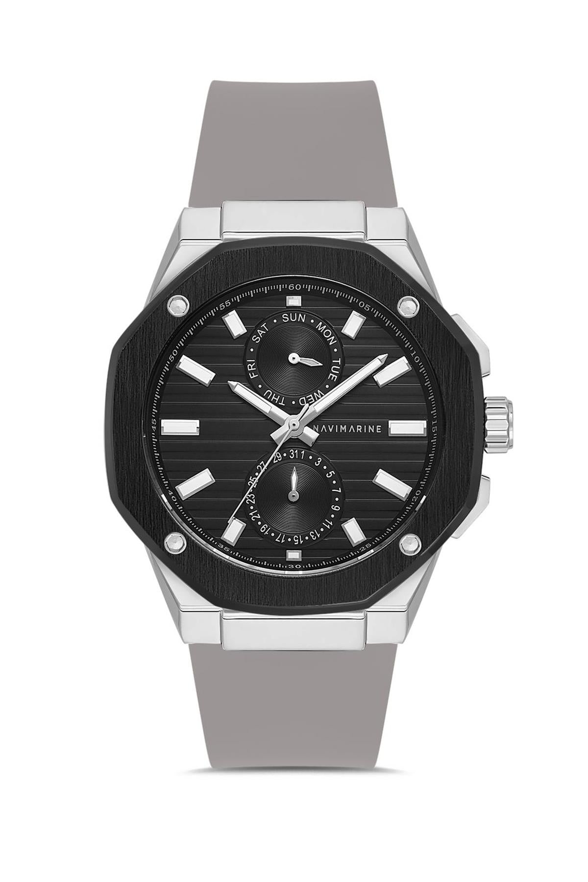 NAVIMARINE Gri Silikon Kordon Siyah Kadran Erkek Kol Saati NV10011-G