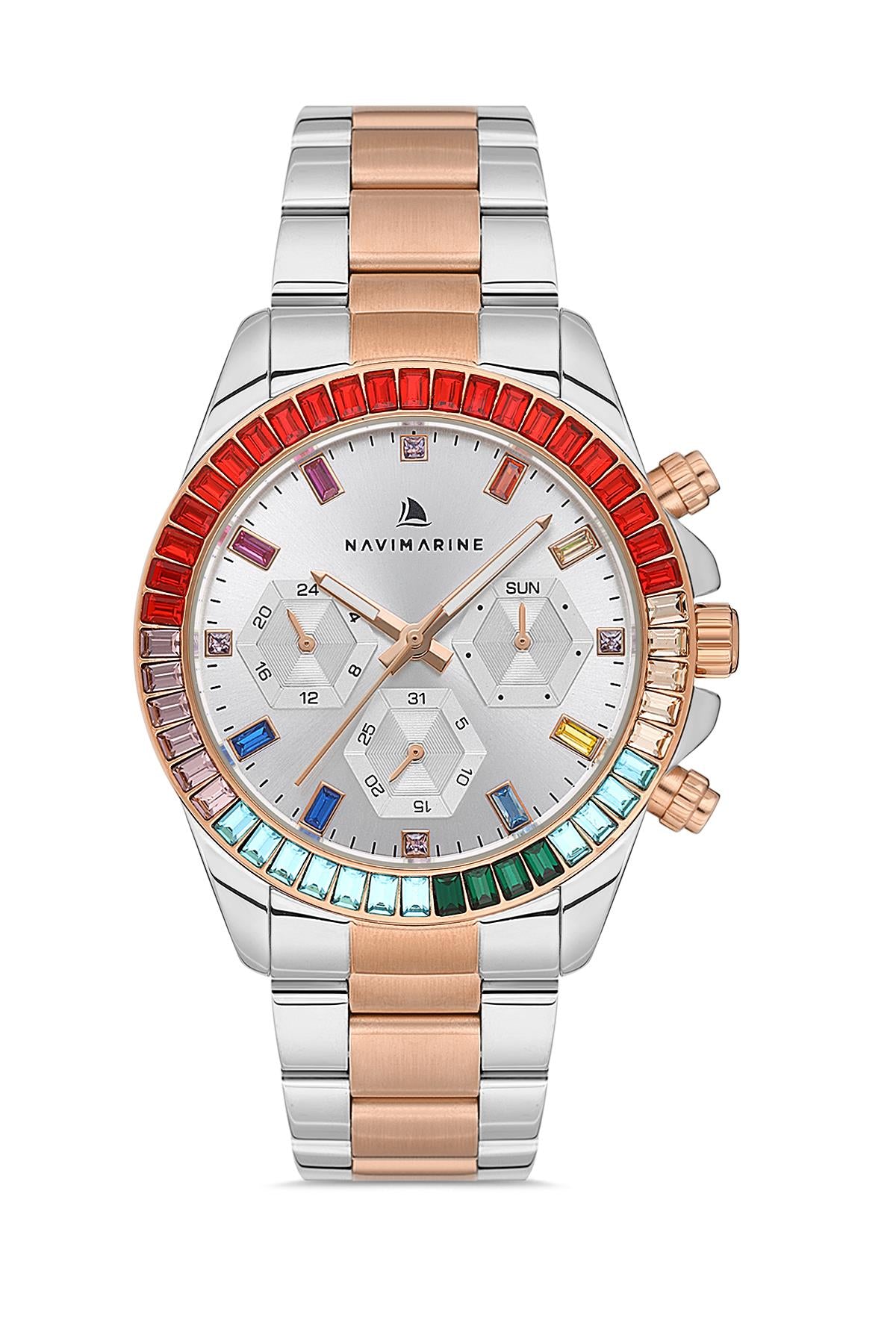 NAVIMARINE Rose Renk Kordon Gümüş Renk Kadran Erkek Kol Saati NV10019-AC