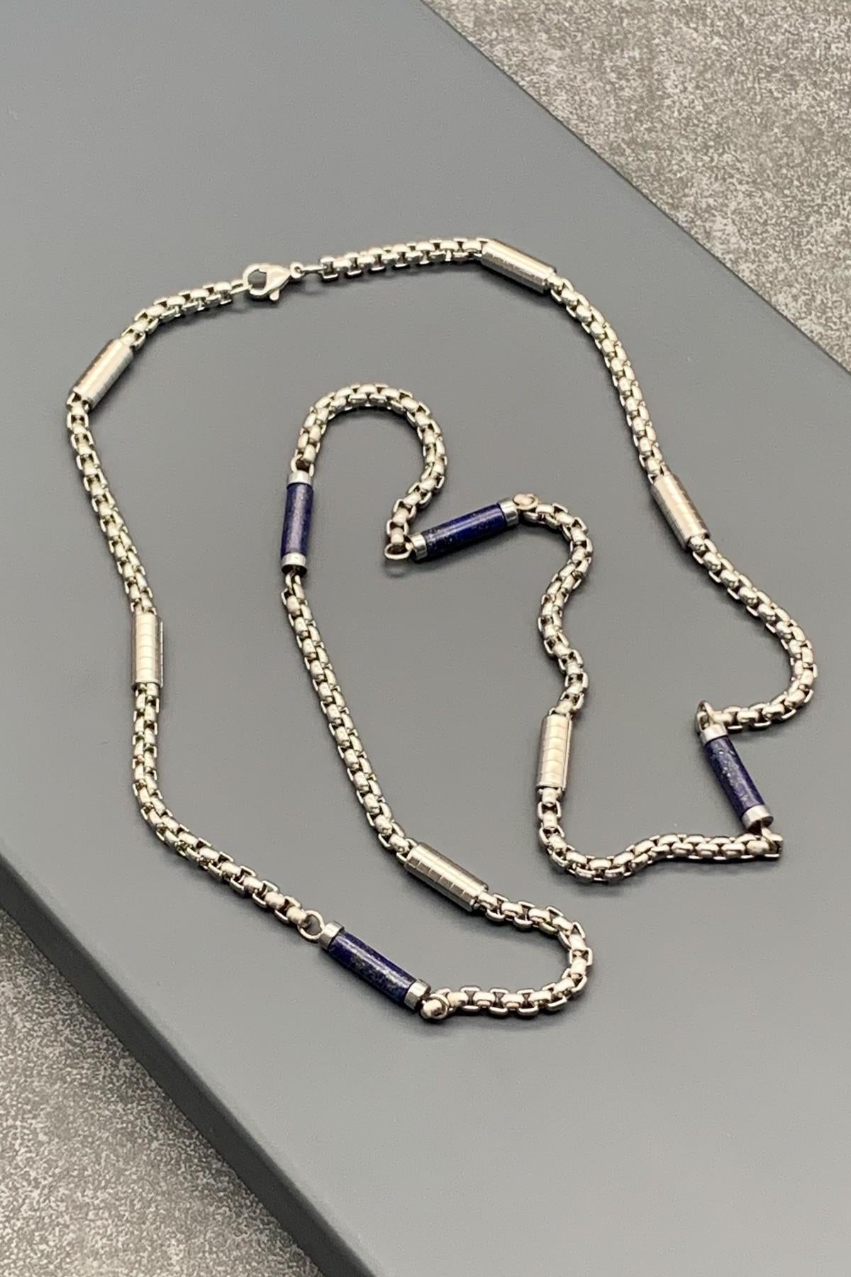 FRNCH 316L Çelik ve Lapis Lazuli Doğal Taşlı Lacivert Renkli Erkek Kolye FRJ30472-572-L
