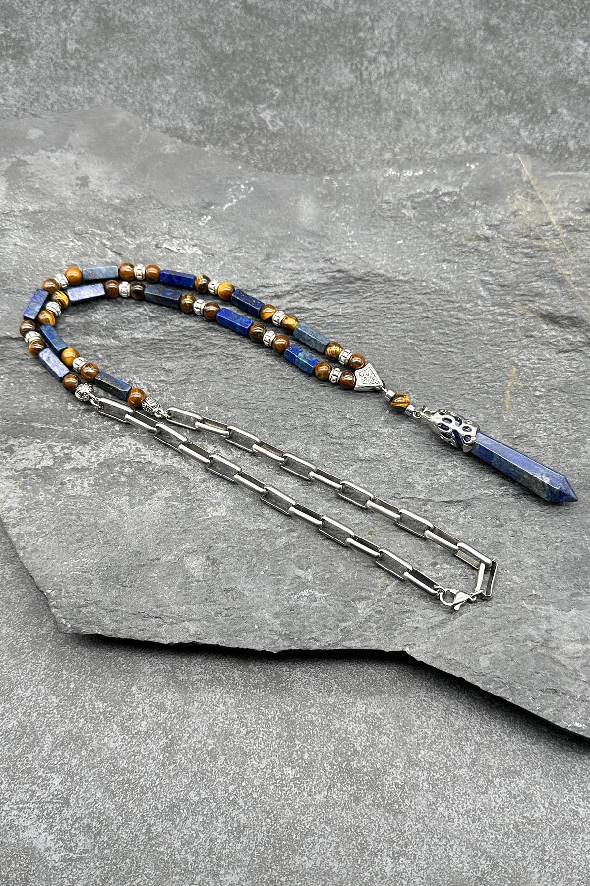 FRNCH 316L Çelik ve Lapis Lazuli Doğal Taşlı Lacivert Renkli Erkek Kolye FRJ30609-709-LK