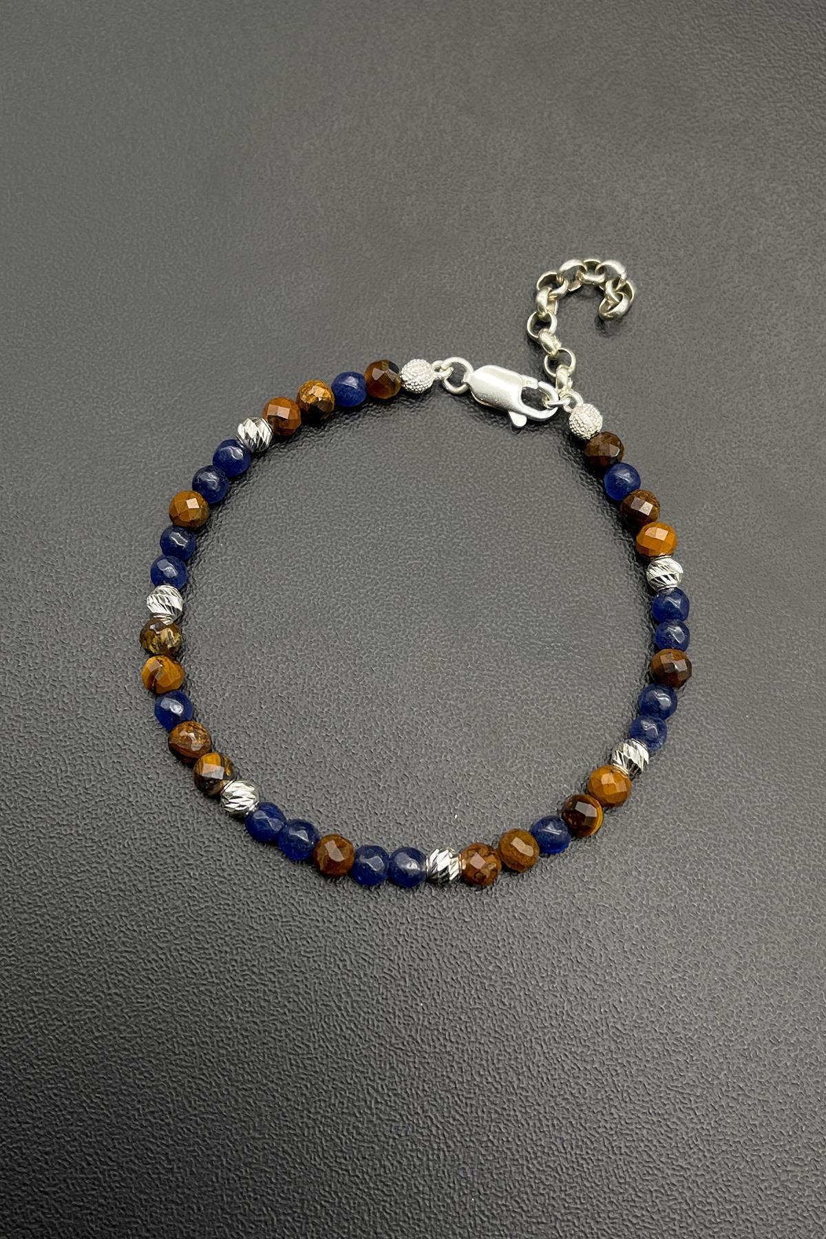 FRNCH 925 Ayar Gümüş Kaplan Gözü/Lapis Lazuli Taşlı Erkek Bileklik FRJ11801-1901-KL