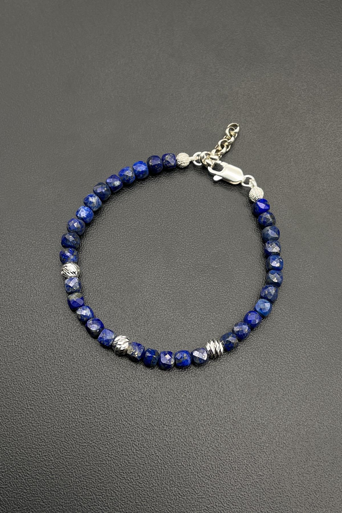 FRNCH 925 Ayar Gümüş Lapis Lazuli Taşlı Lacivert Renkli Erkek Bileklik FRJ11801-1901-L