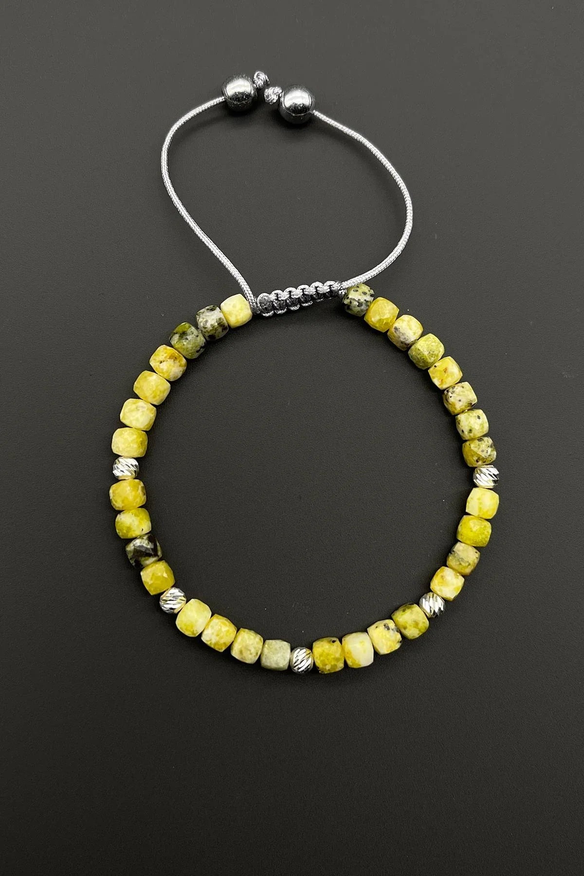 FRNCH 925 Ayar Gümüş Parçalı Yeşim Doğal Taşlı Sarı Renkli Erkek Bileklik FRJ11586-1686-S