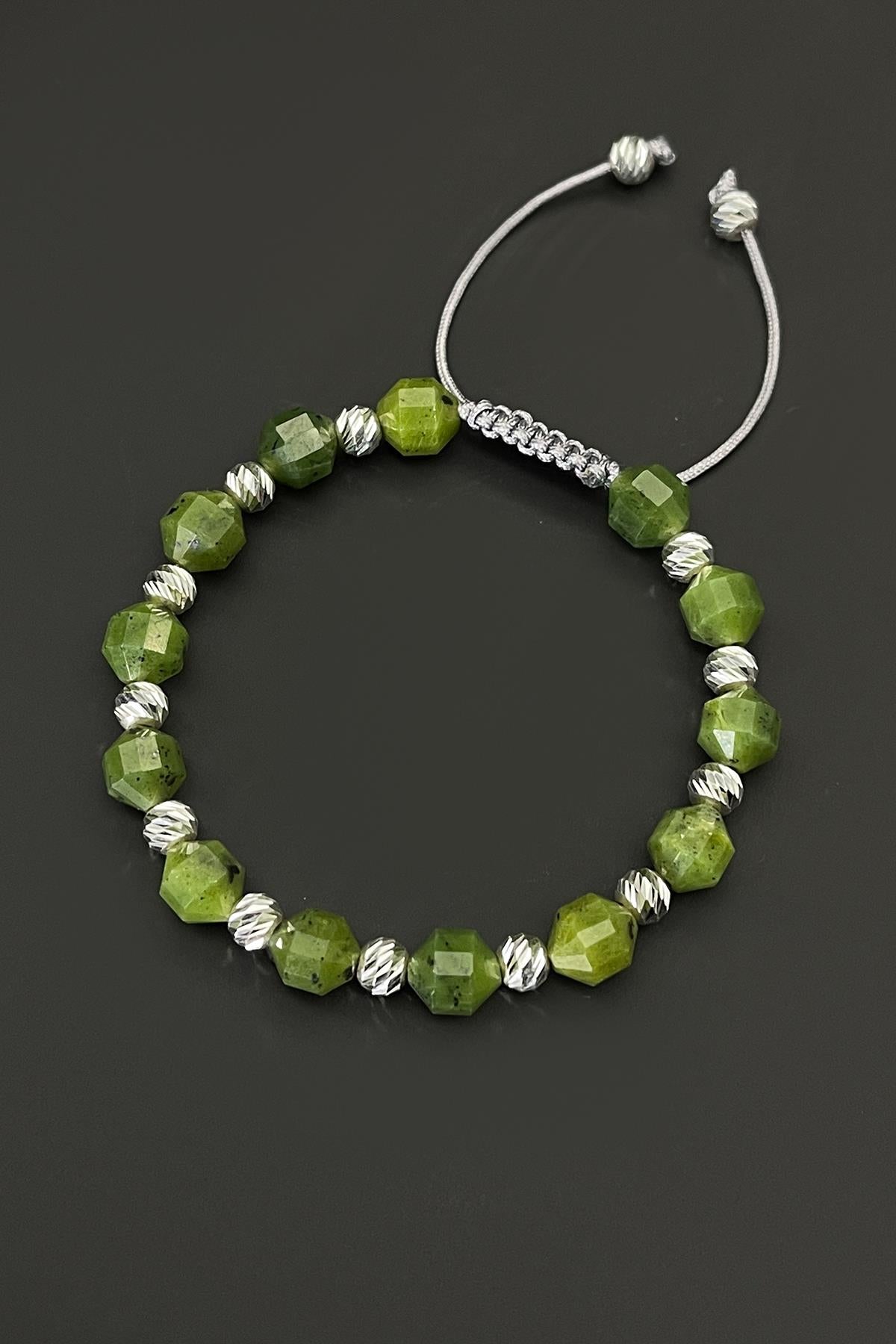 FRNCH 925 Ayar Gümüş ve Yeşim Doğal Taşlı Yeşil Renkli Erkek Bileklik FRJ11674-1774-Y