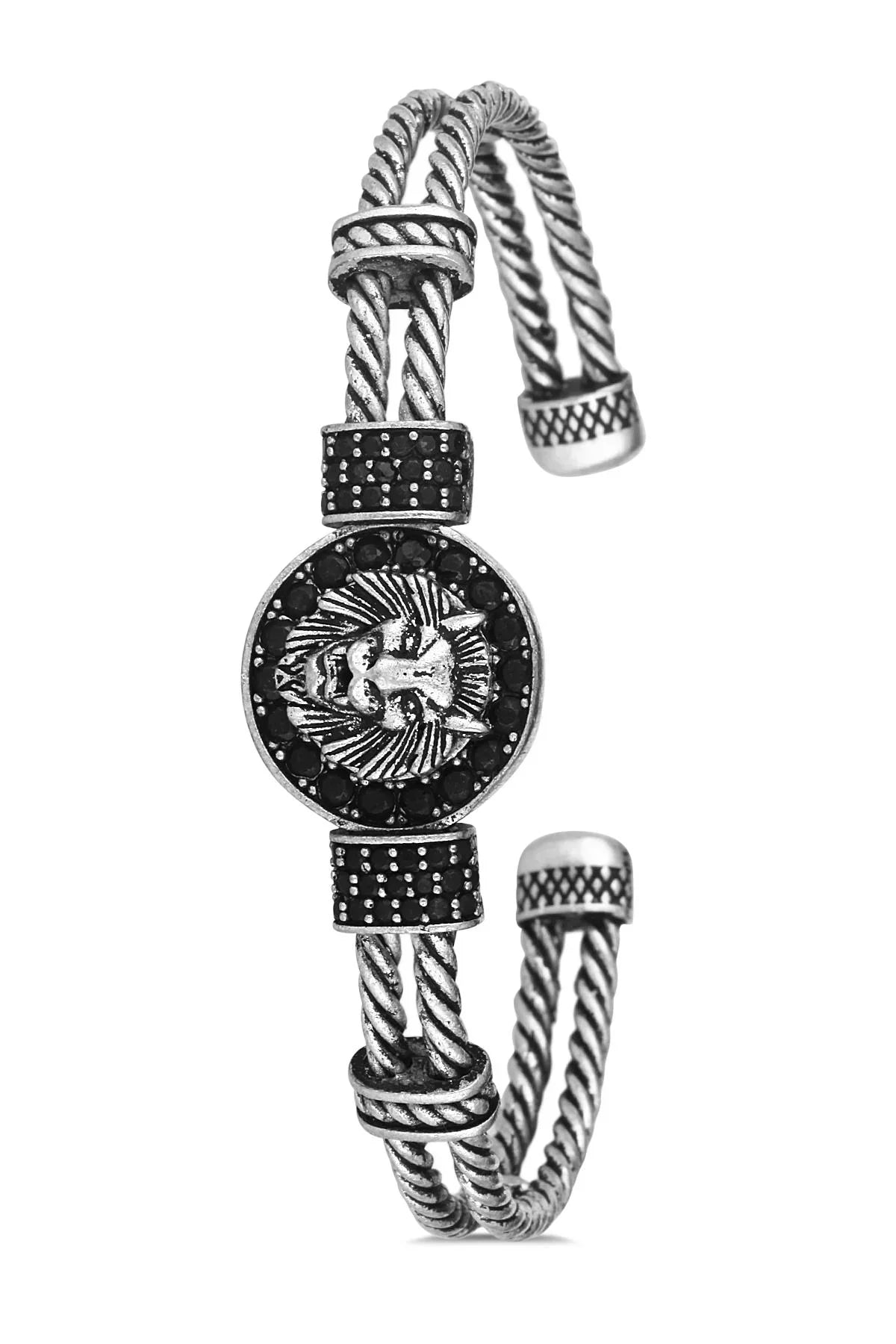 FRNCH Aslan Figürlü Zirkon Taşlı Antik Gümüş Renkli Handmade Kelepçe Erkek Bileklik FRJ11173-1273-A2