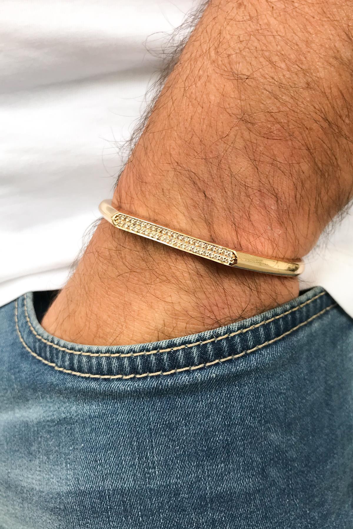 FRNCH Beyaz Zirkon Taşlı Gold Renkli Erkek Kelepçe Bileklik FRJ11071-1171-GA
