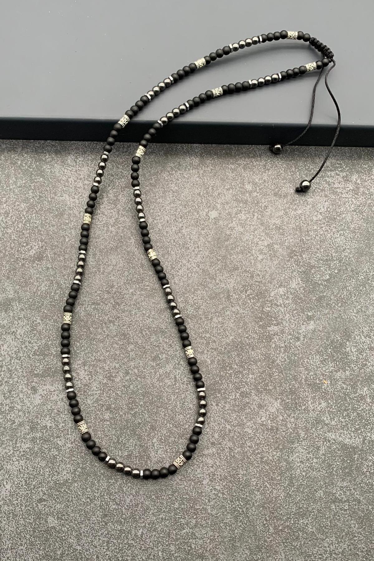 FRNCH Hematit-Onyx Doğal Taşlı Siyah Renkli Ayarlanabilir Erkek Kolye FRJ30450-550-S