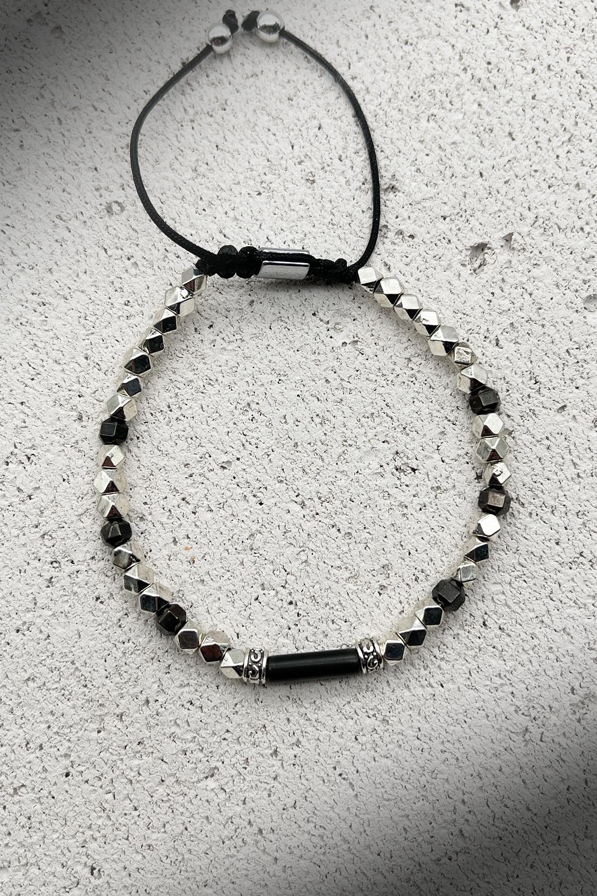 FRNCH Hematit Taşlı Gümüş-Siyah Renkli Ayarlanabilir Makrome Erkek Bileklik FRJ11382-1482-A