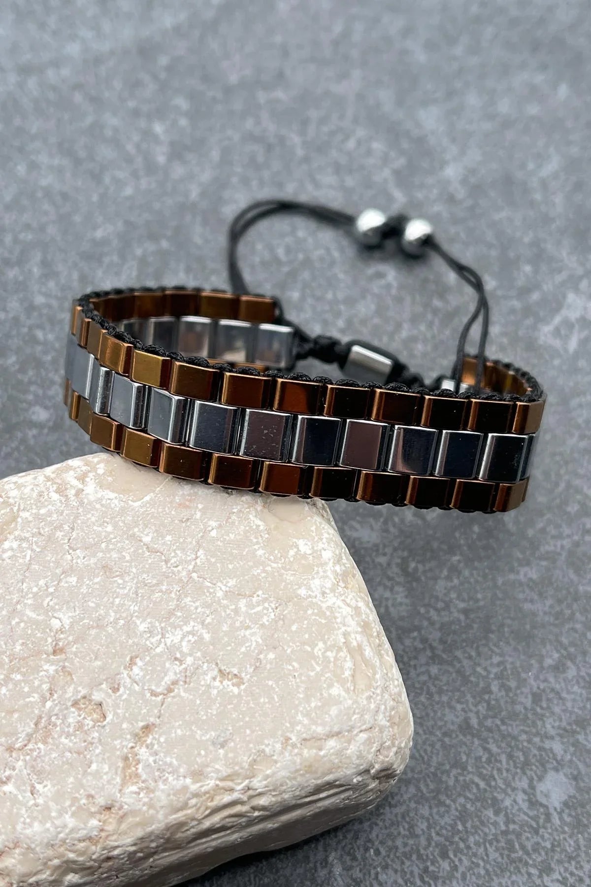 FRNCH Hematit Taşlı Rose-Gümüş Renkli Ayarlanabilir Makrome Erkek Bileklik FRJ11347-1447-KA