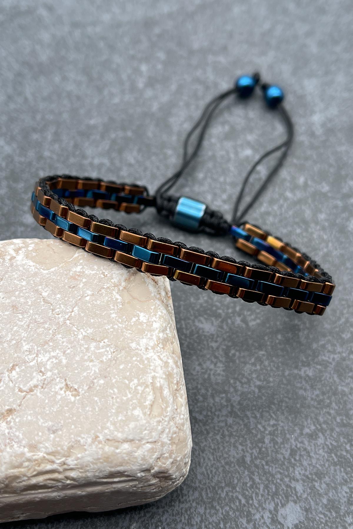 FRNCH Hematit Taşlı Rose-Lacivert Renkli Ayarlanabilir Makrome Erkek Bileklik FRJ11304-1404-RL