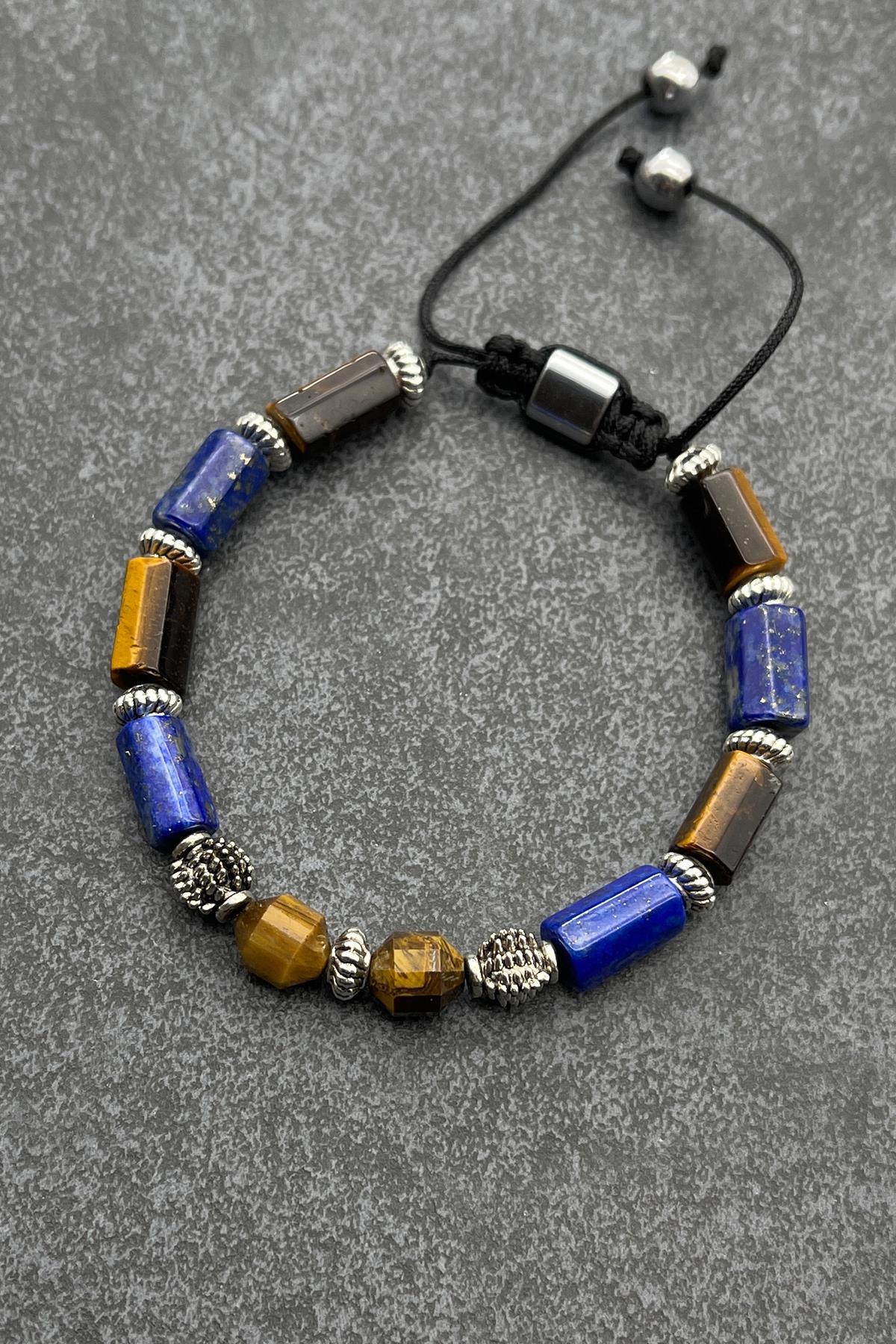 FRNCH Kaplan Gözü-Lapis Lazuli Doğal Taşlı Kahverengi-Lacivert Renkli Ayarlanabilir Makrome Erkek Bileklik FRJ11388-1488-KL
