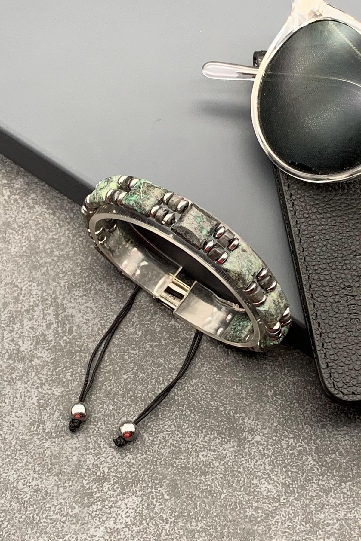 FRNCH Krizokol Doğal Taşlı Yeşil Renkli Ayarlanabilir Makrome Erkek Bileklik FRJ11494-1594-Y